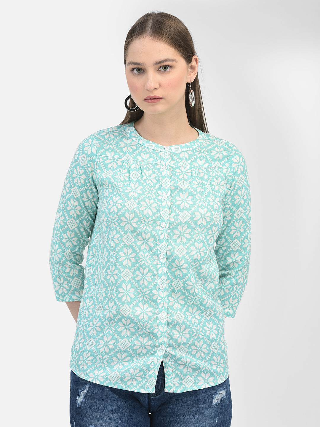 Green Linen Floral Print Shirt-Women Shirts-Crimsoune Club