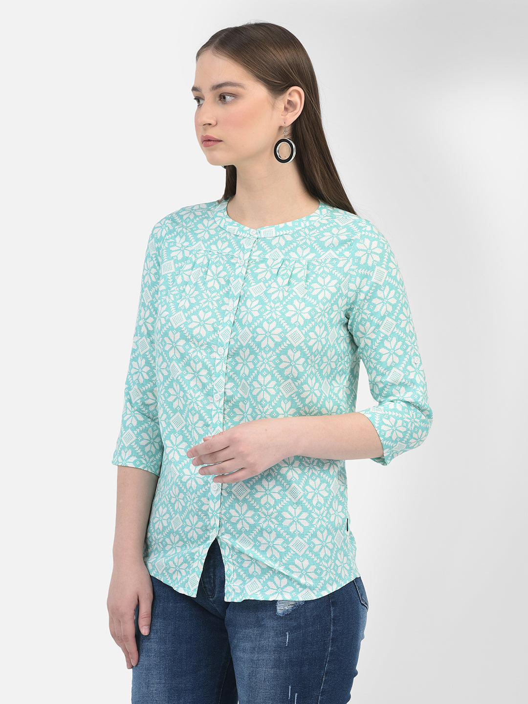 Green Linen Floral Print Shirt-Women Shirts-Crimsoune Club