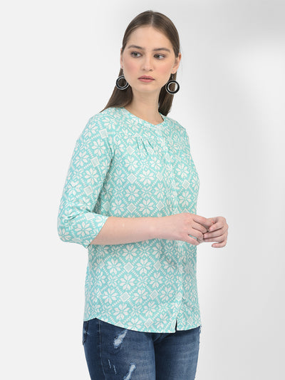 Green Linen Floral Print Shirt-Women Shirts-Crimsoune Club