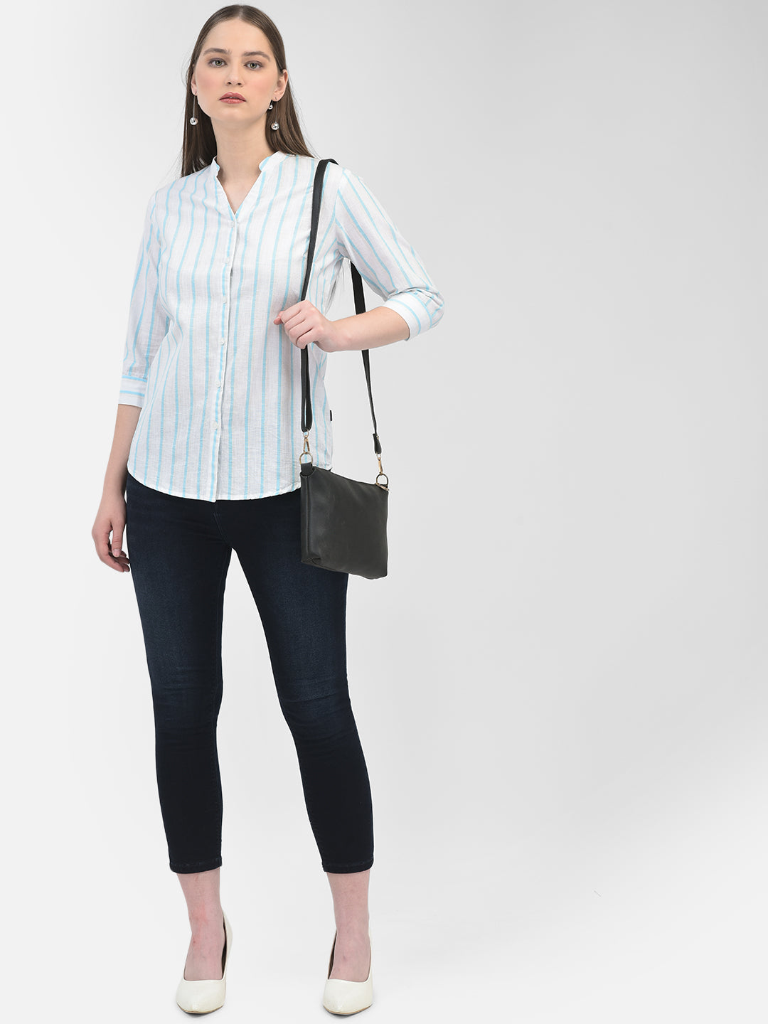 Blue Linen Striped Shirt-Women Shirts-Crimsoune Club