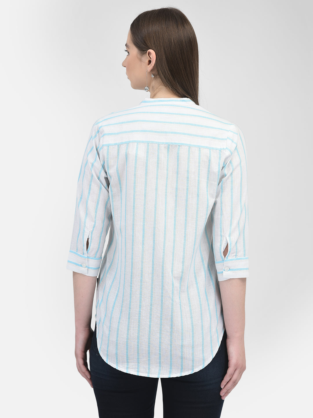 Blue Linen Striped Shirt-Women Shirts-Crimsoune Club