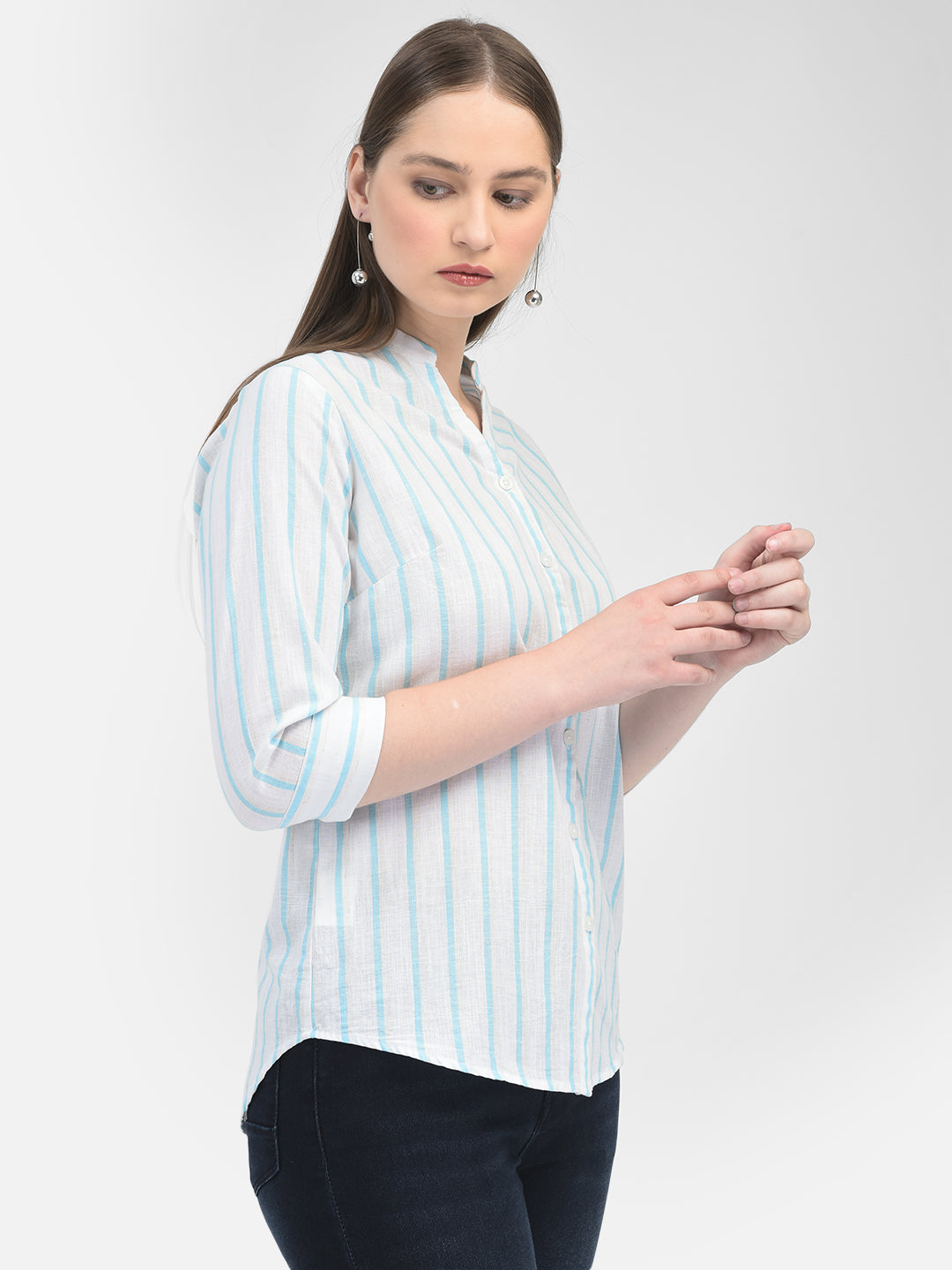 Blue Linen Striped Shirt-Women Shirts-Crimsoune Club