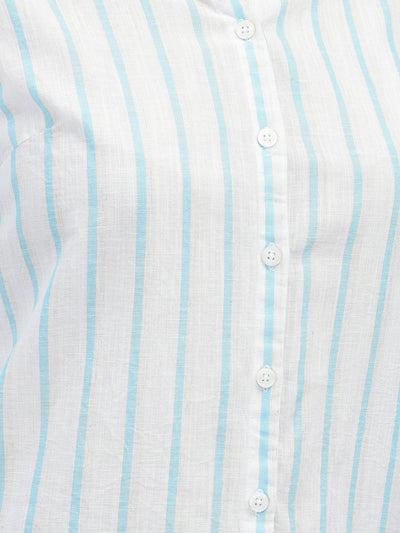 Blue Linen Striped Shirt-Women Shirts-Crimsoune Club