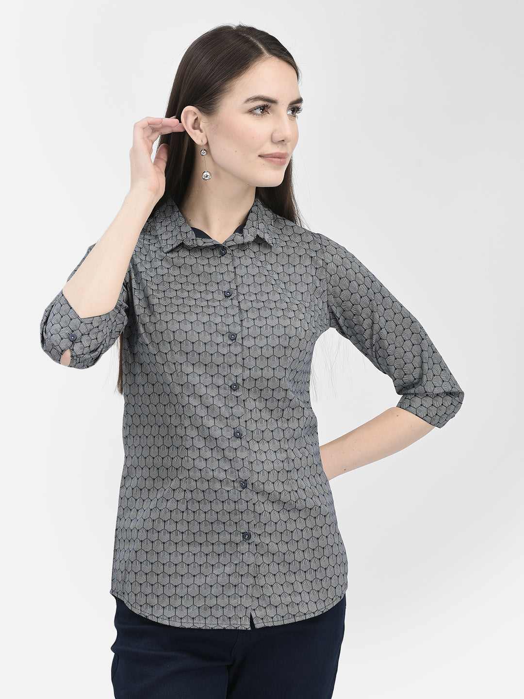 Navy Blue Printed 100% Cotton Shirt-Women Shirts-Crimsoune Club