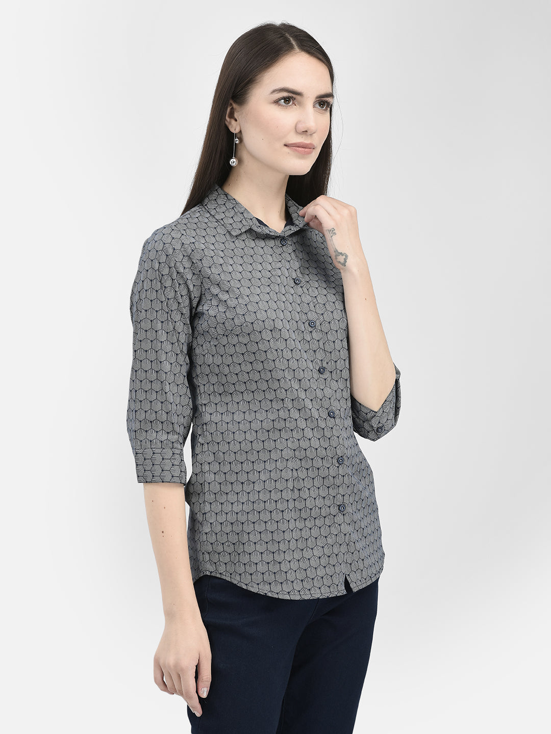 Navy Blue Printed 100% Cotton Shirt-Women Shirts-Crimsoune Club