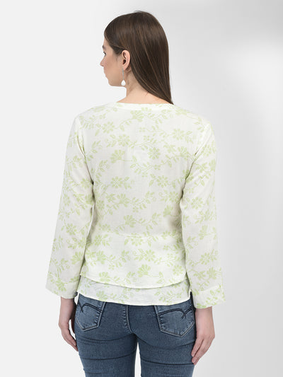 Green Linen Floral Print Shirt-Women Shirts-Crimsoune Club