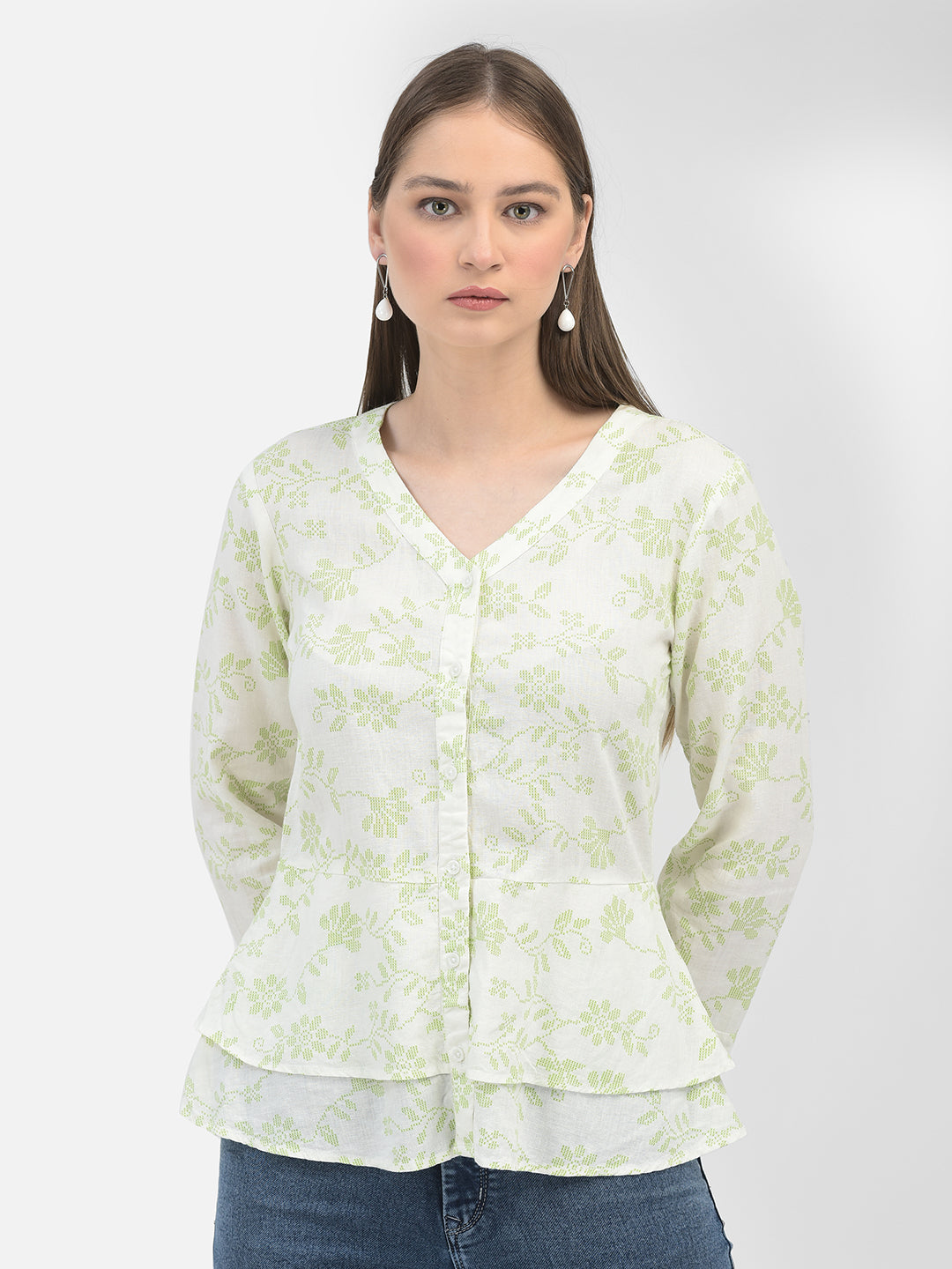 Green Linen Floral Print Shirt-Women Shirts-Crimsoune Club