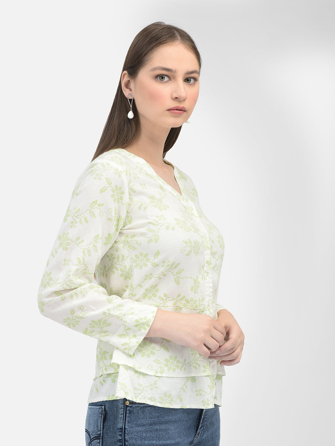 Green Linen Floral Print Shirt-Women Shirts-Crimsoune Club