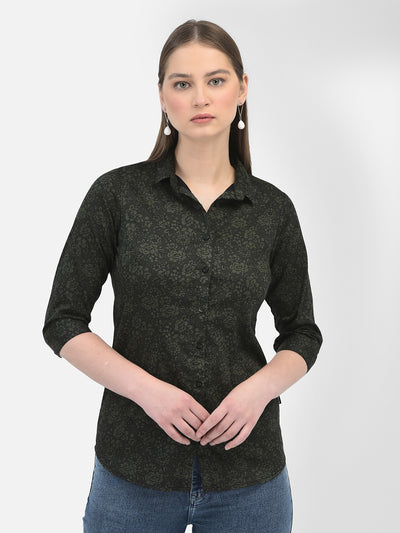 Floral Print Olive Shirt-Women Shirts-Crimsoune Club