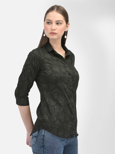 Floral Print Olive Shirt-Women Shirts-Crimsoune Club