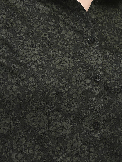 Floral Print Olive Shirt-Women Shirts-Crimsoune Club