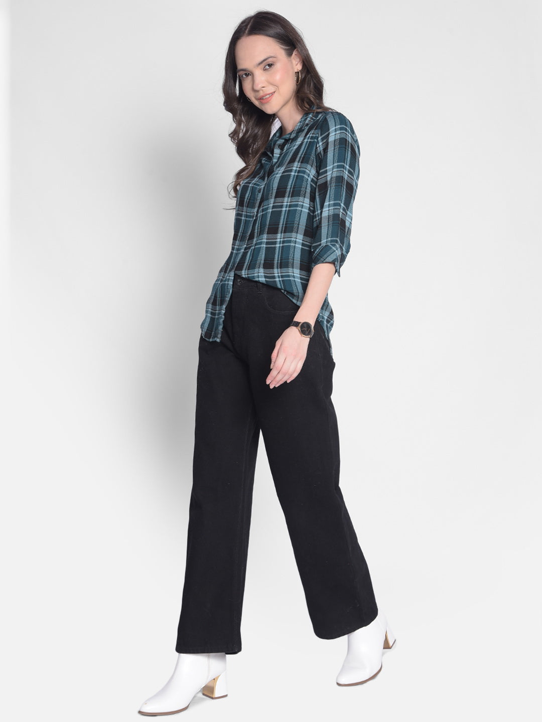 Green Checked Shirt-Women Shirts-Crimsoune Club