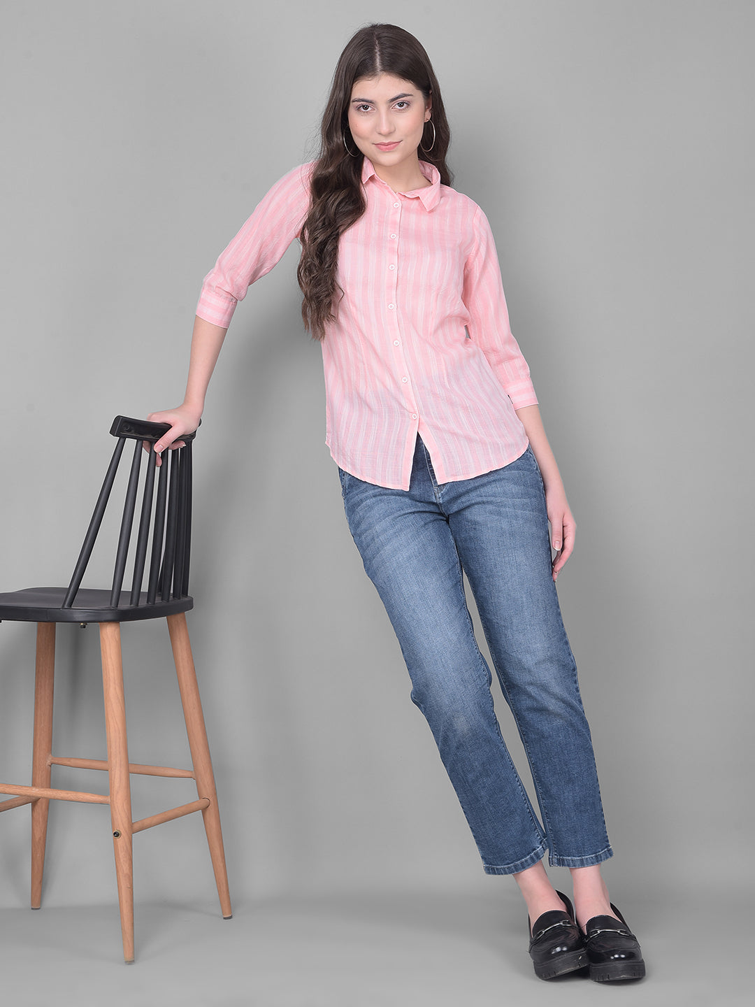 Peach Striped Shirt-Women Shirts-Crimsoune Club