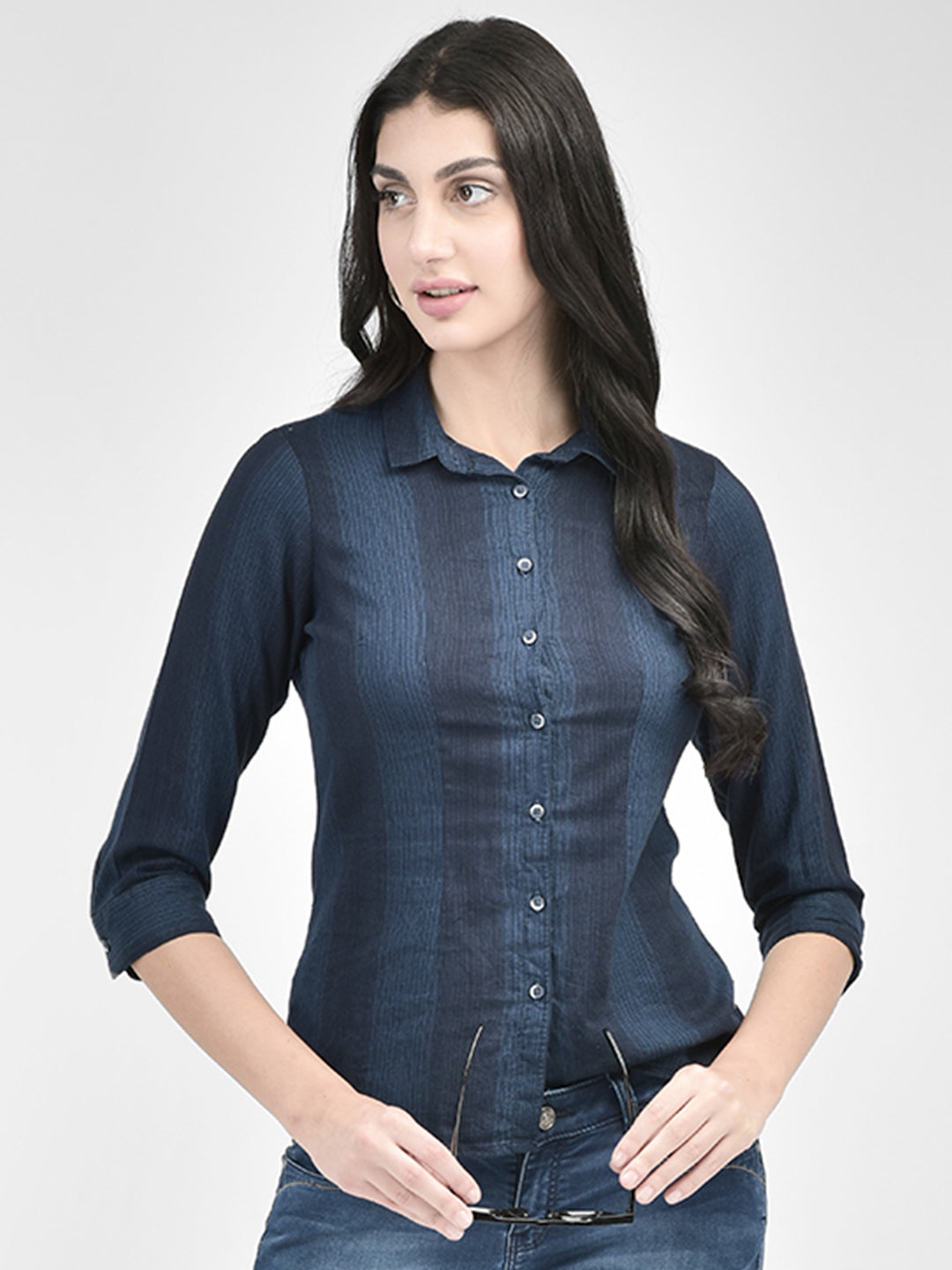 Navy Blue Striped Shirt-Women Shirts-Crimsoune Club