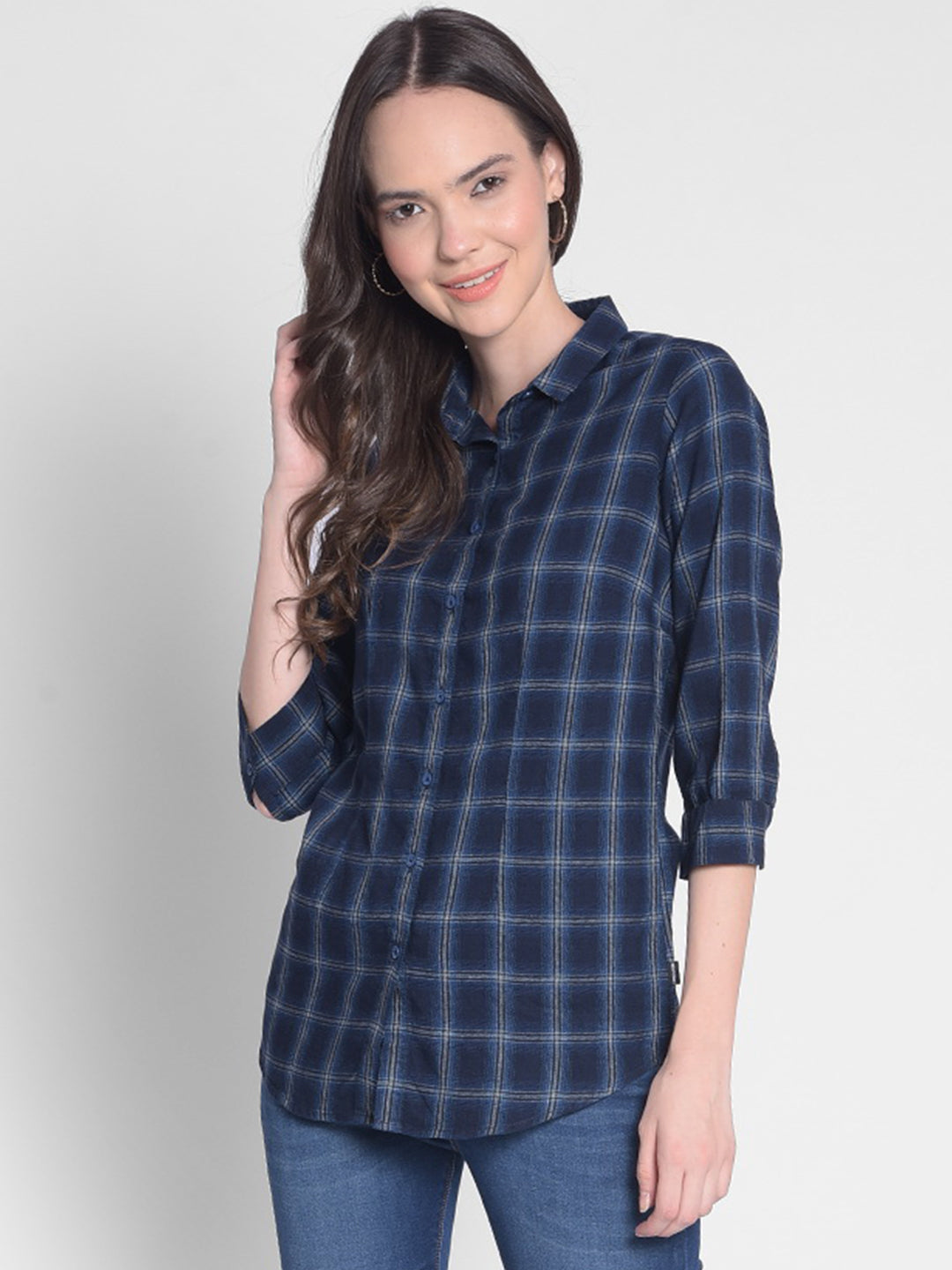 Navy Blue Checked Shirt-Women Shirts-Crimsoune Club