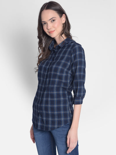 Navy Blue Checked Shirt-Women Shirts-Crimsoune Club