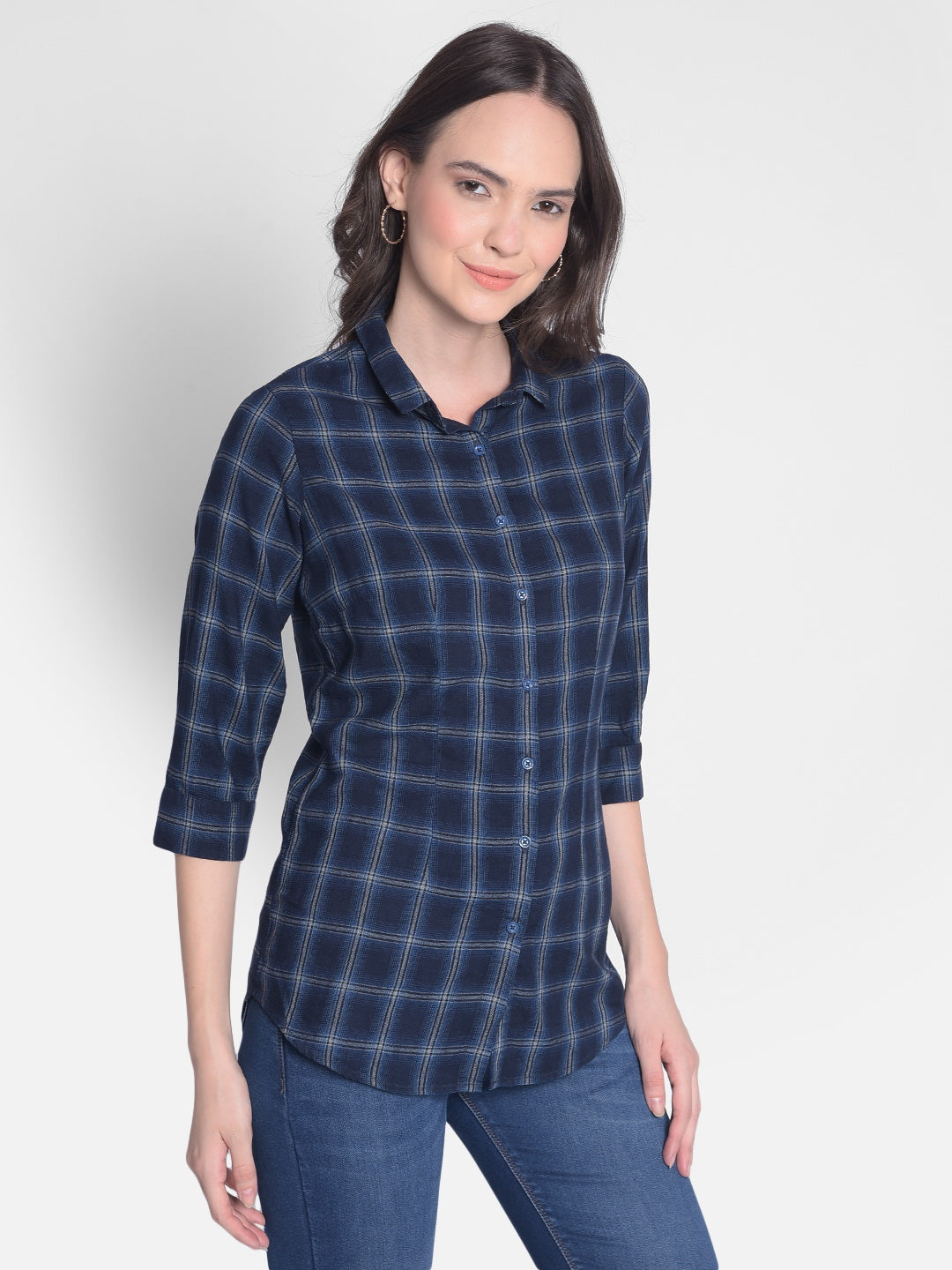 Navy Blue Checked Shirt-Women Shirts-Crimsoune Club