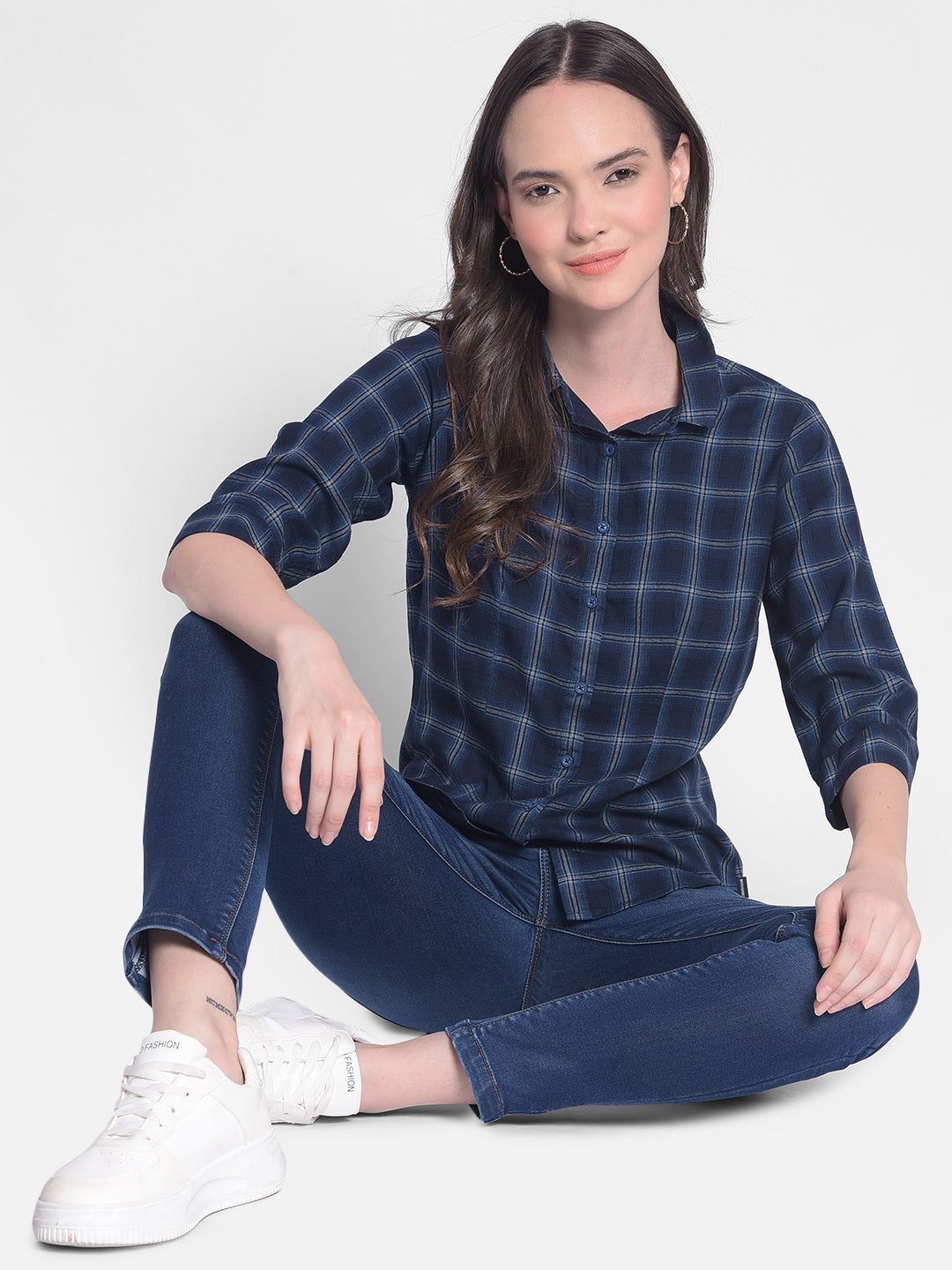 Navy Blue Checked Shirt-Women Shirts-Crimsoune Club