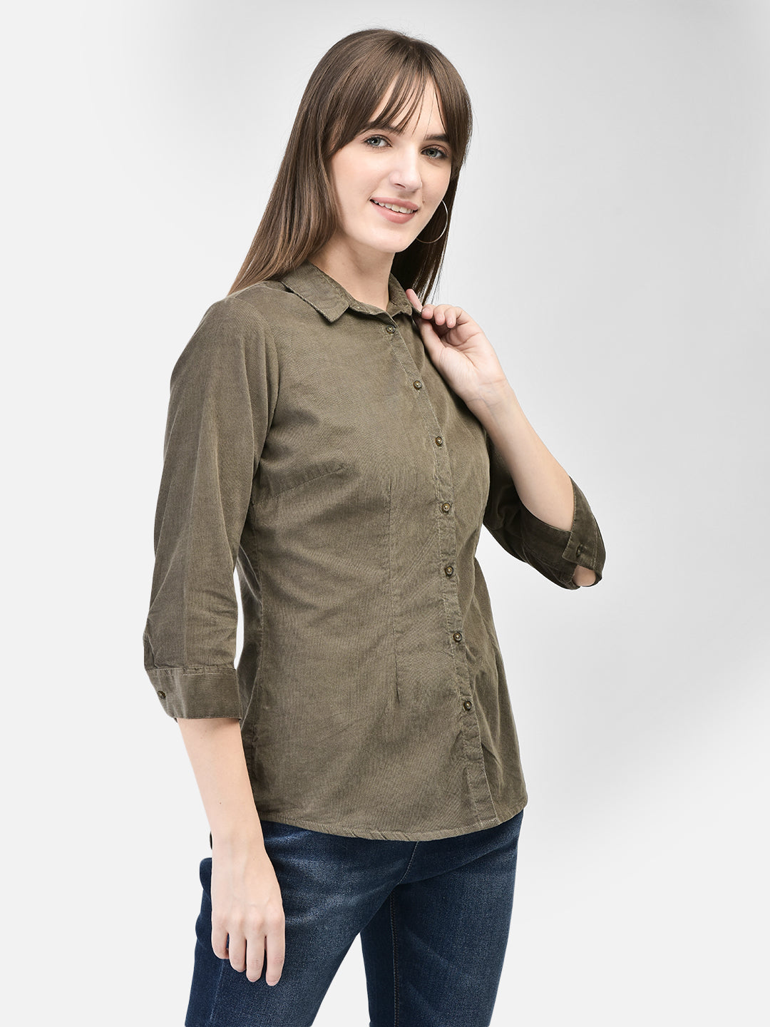 Olive Corduroy Shirt-Women Shirts-Crimsoune Club