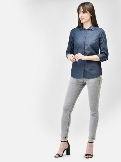 Blue Denim Shirt-Women Shirts-Crimsoune Club