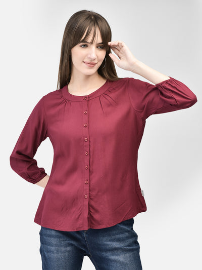 Maroon Collarless Shirt-Women Shirts-Crimsoune Club