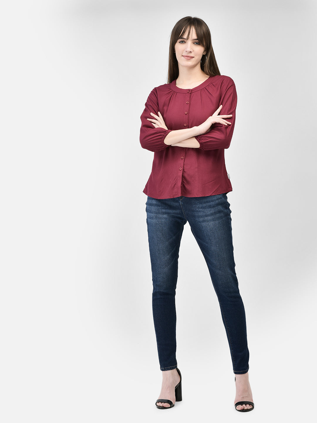 Maroon Collarless Shirt-Women Shirts-Crimsoune Club