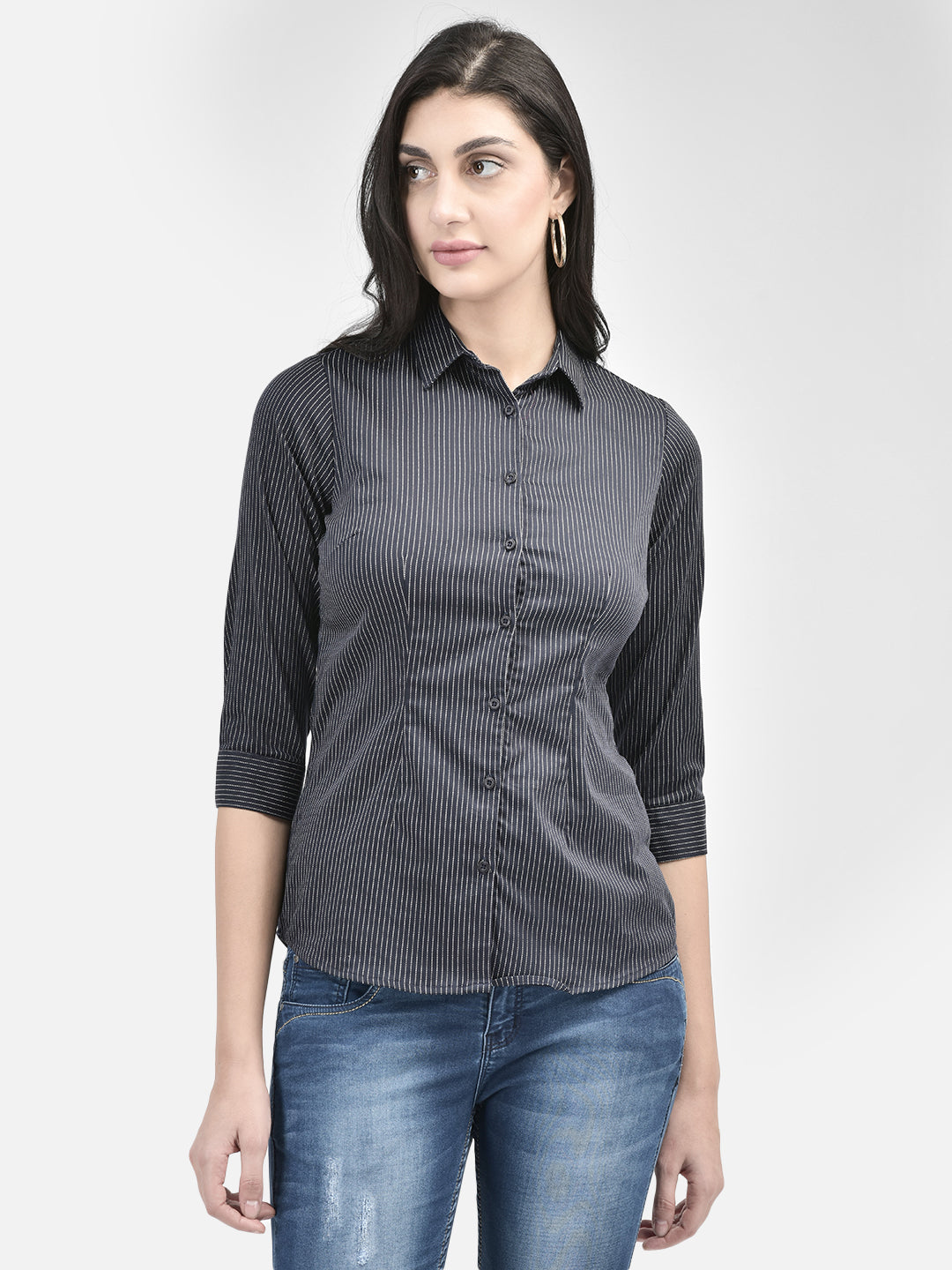 Navy Blue Striped Shirt-Women Shirts-Crimsoune Club