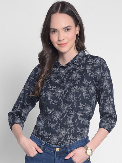 Navy Blue Floral Shirt-Women Shirts-Crimsoune Club