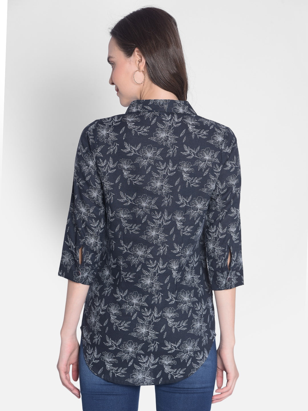 Navy Blue Floral Shirt-Women Shirts-Crimsoune Club