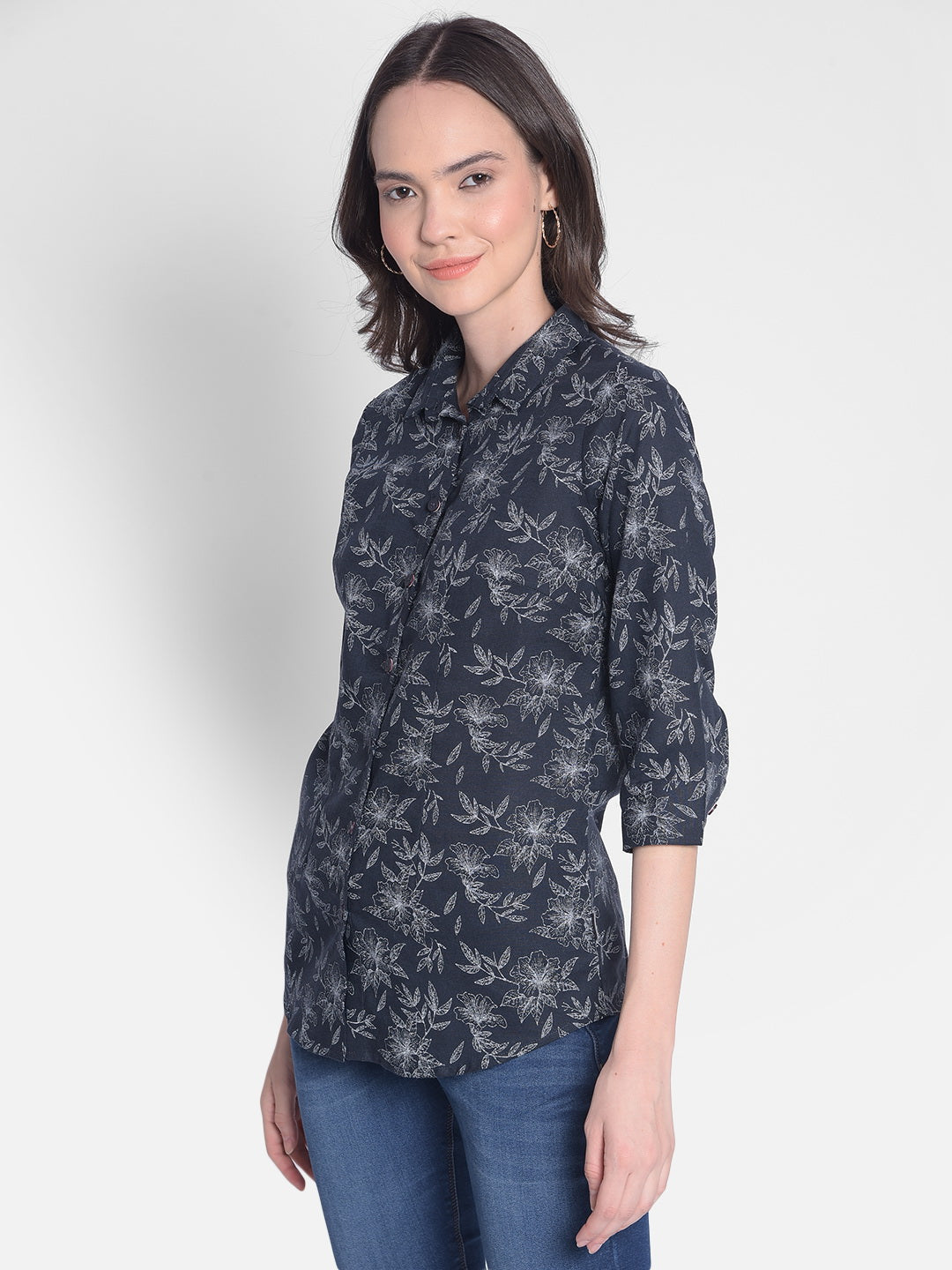 Navy Blue Floral Shirt-Women Shirts-Crimsoune Club