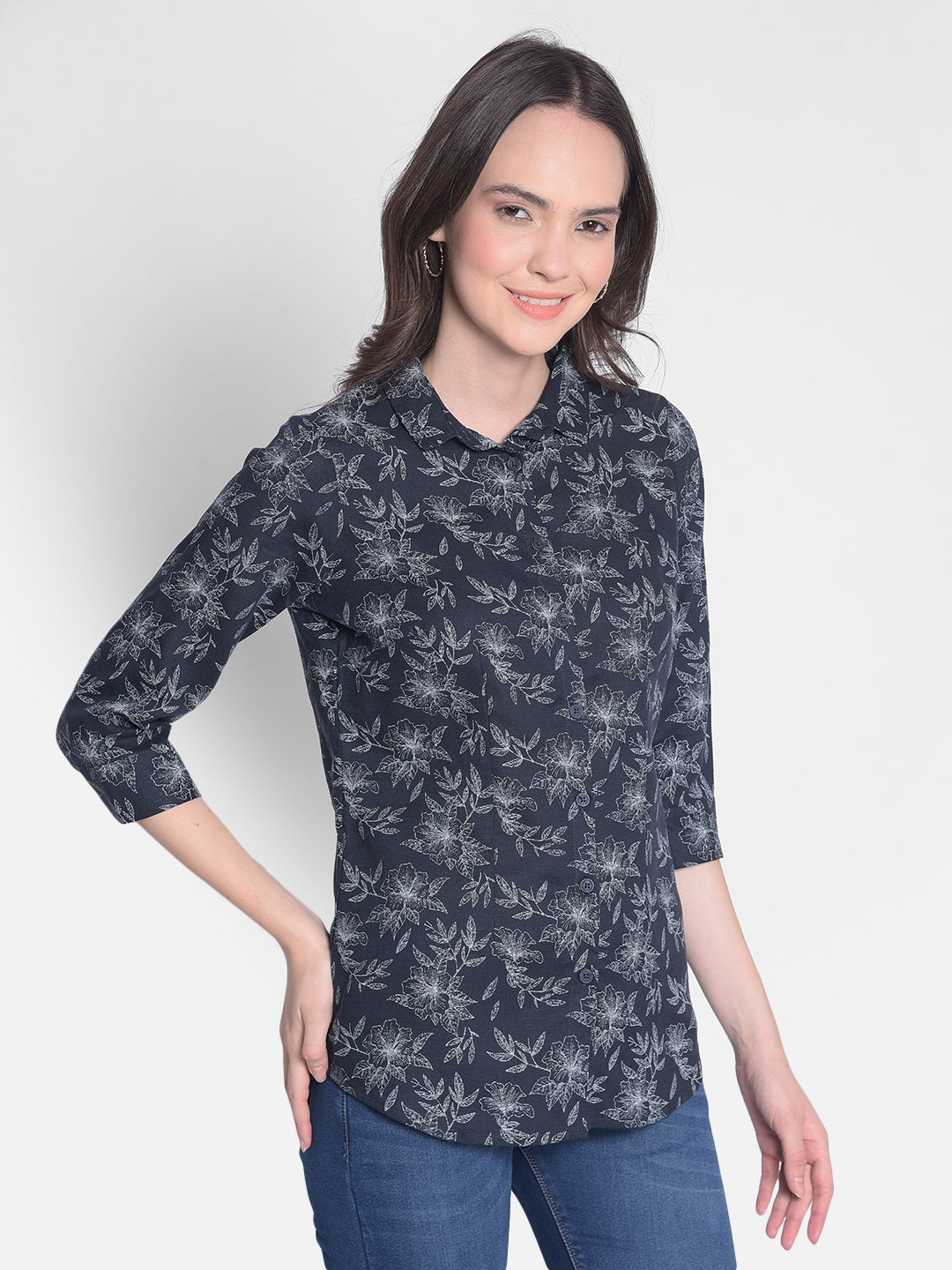 Navy Blue Floral Shirt-Women Shirts-Crimsoune Club