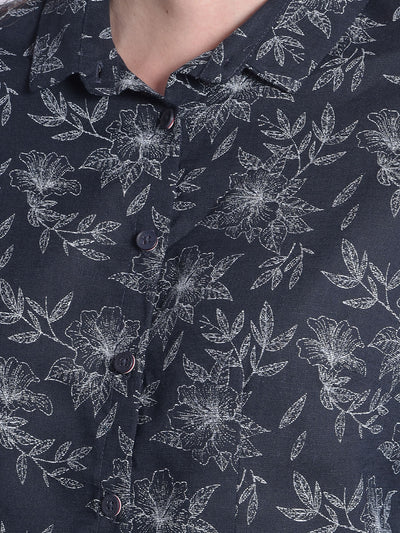 Navy Blue Floral Shirt-Women Shirts-Crimsoune Club