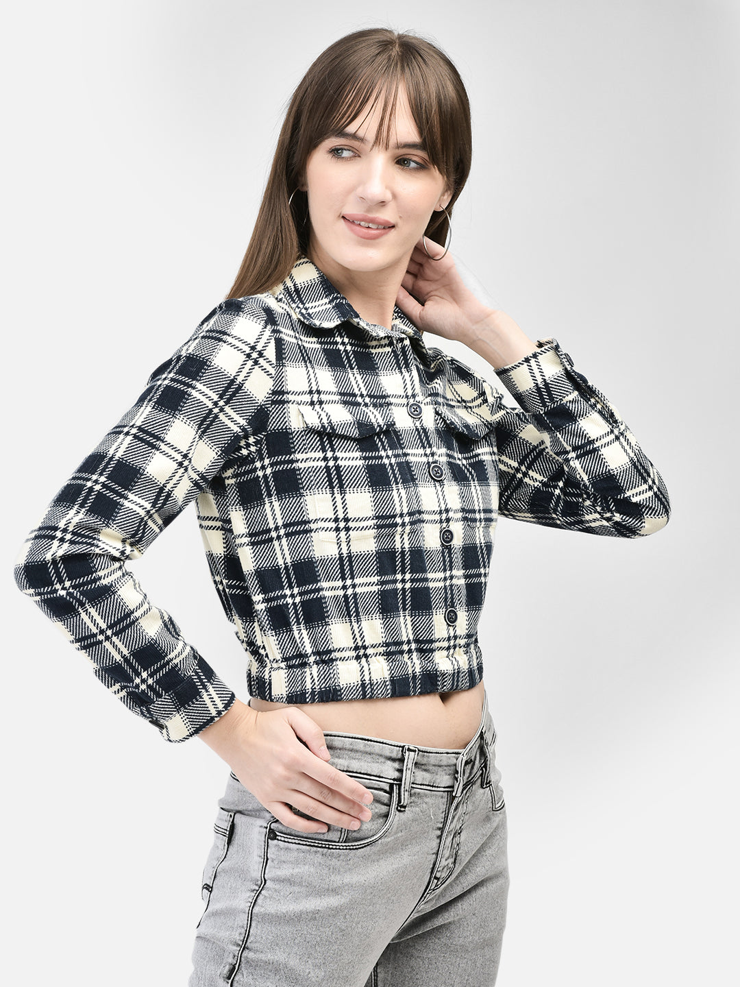 Navy Blue Crop Length Shirt-Women Shirts-Crimsoune Club