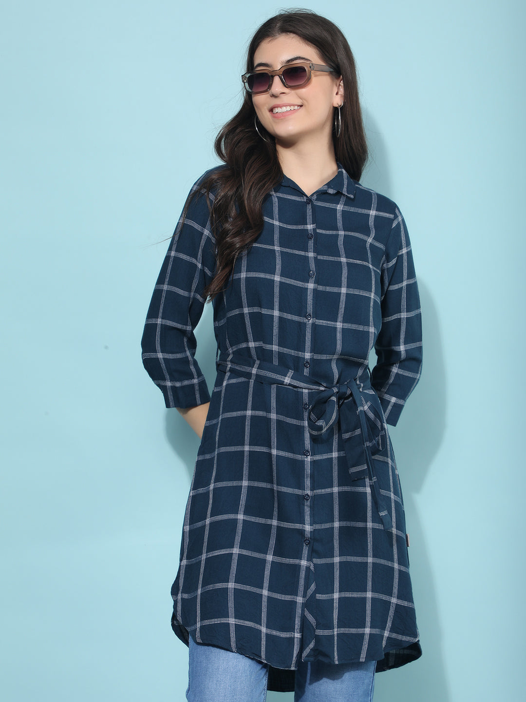 Blue Checked Knee Length Shirt-Women Shirts-Crimsoune Club