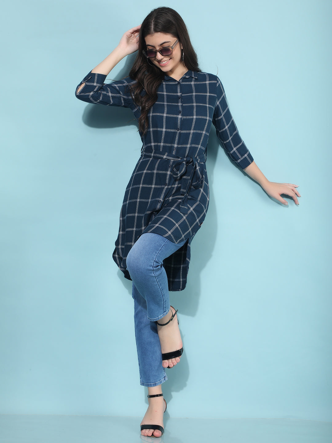 Blue Checked Knee Length Shirt-Women Shirts-Crimsoune Club