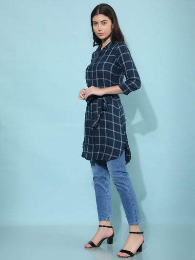 Blue Checked Knee Length Shirt-Women Shirts-Crimsoune Club