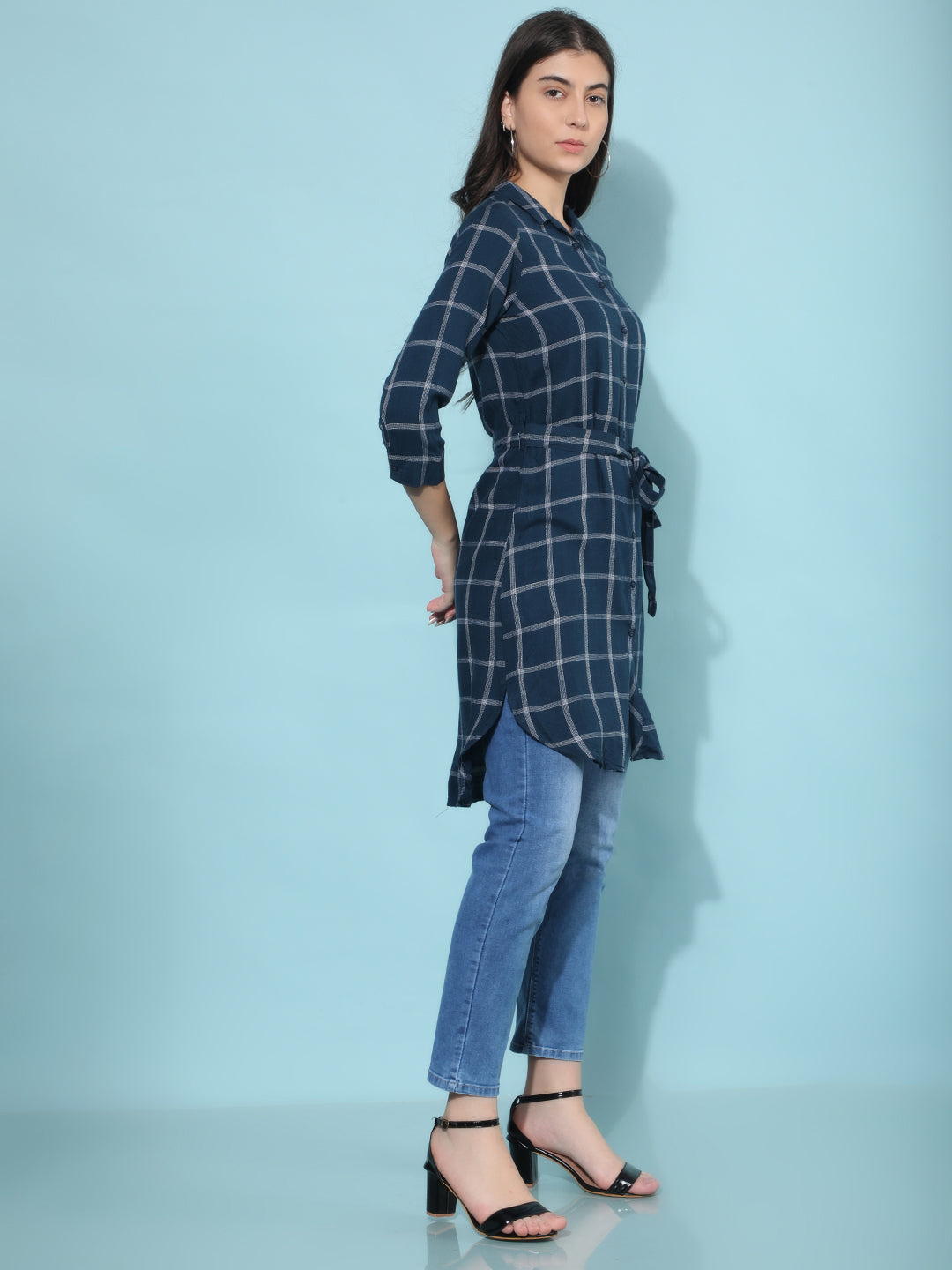 Blue Checked Knee Length Shirt-Women Shirts-Crimsoune Club