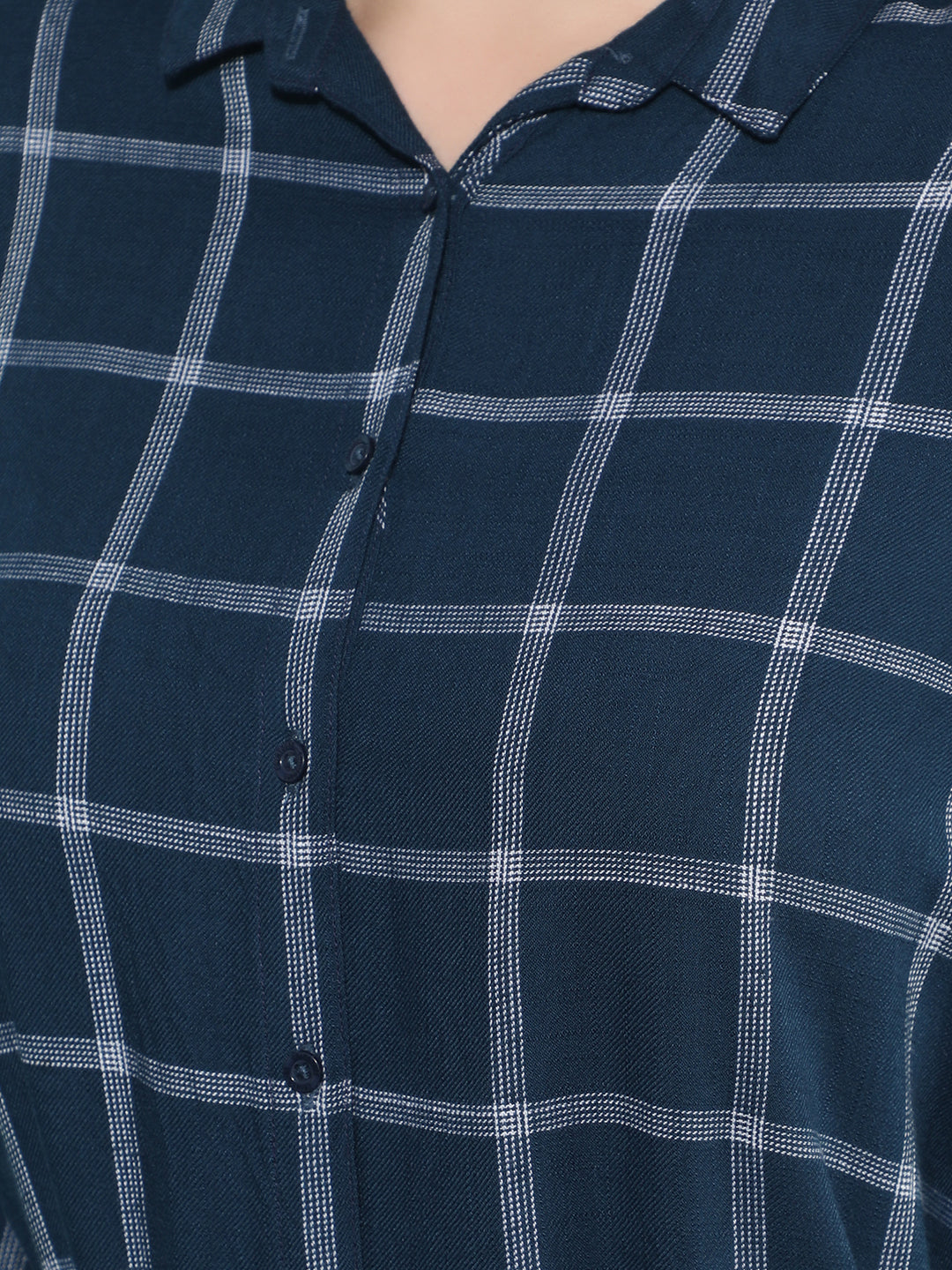 Blue Checked Knee Length Shirt-Women Shirts-Crimsoune Club