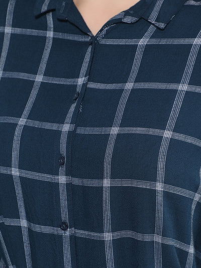 Blue Checked Knee Length Shirt-Women Shirts-Crimsoune Club