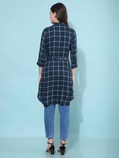 Blue Checked Knee Length Shirt-Women Shirts-Crimsoune Club