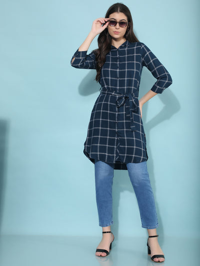 Blue Checked Knee Length Shirt-Women Shirts-Crimsoune Club