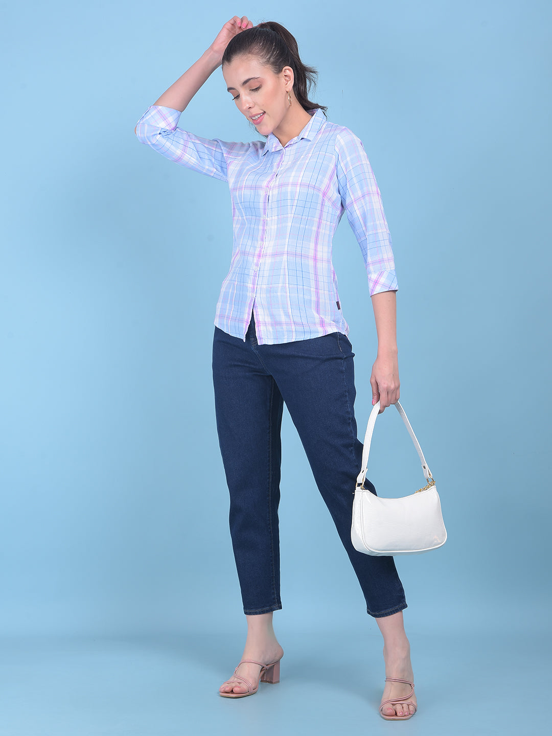 Blue Tartan Check Shirt-Women Shirts-Crimsoune Club