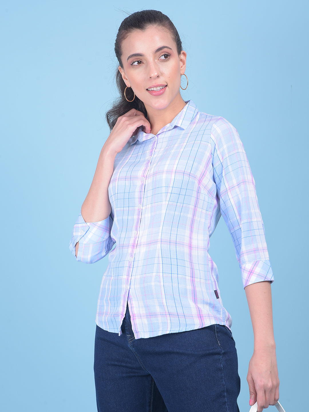 Blue Tartan Check Shirt-Women Shirts-Crimsoune Club