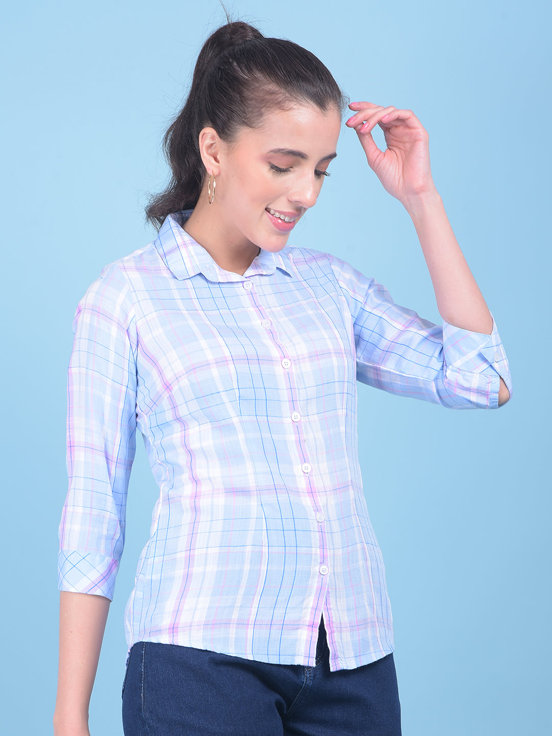 Blue Tartan Check Shirt-Women Shirts-Crimsoune Club