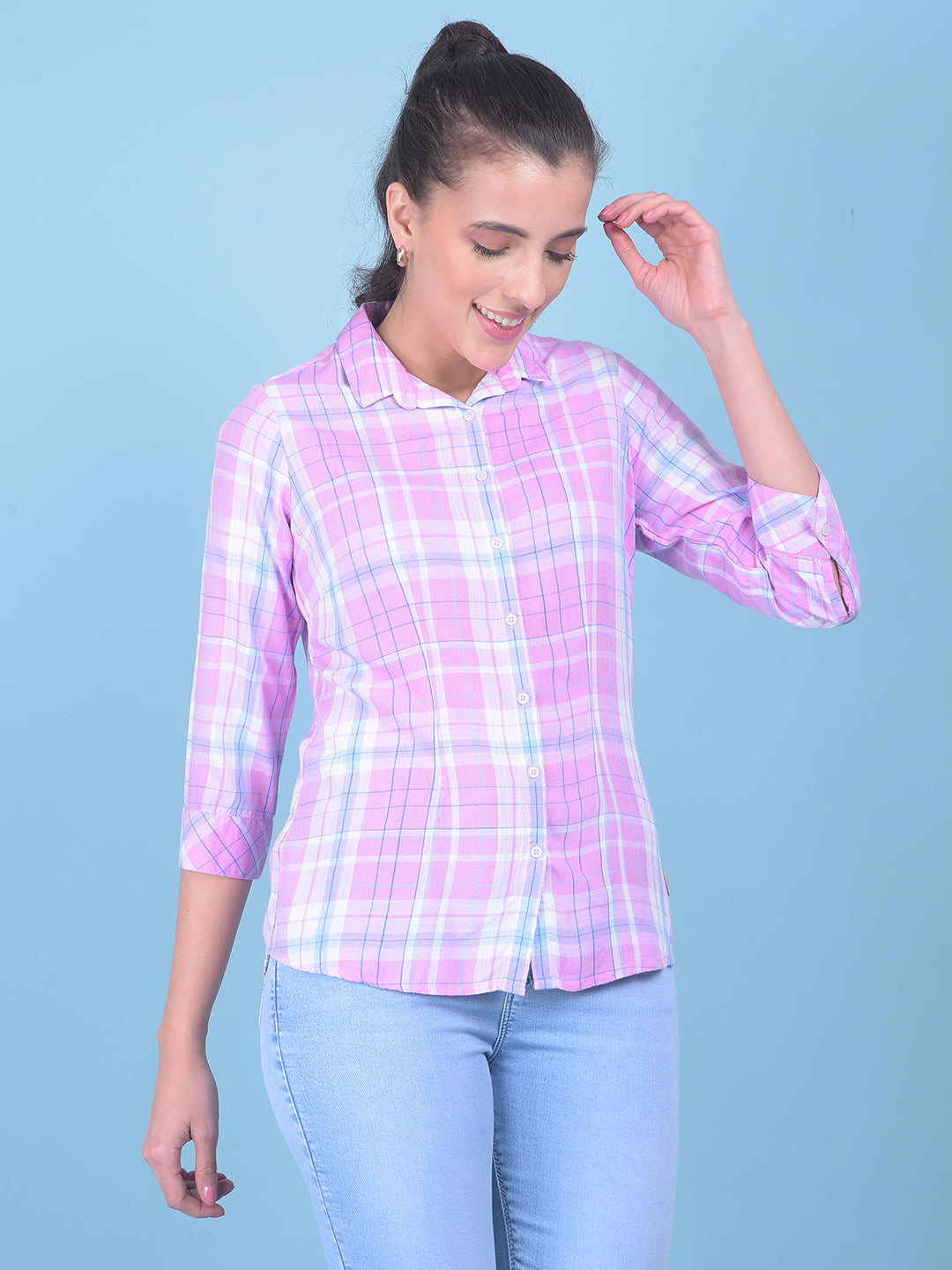 Pink Tartan Check Shirt-Women Shirts-Crimsoune Club