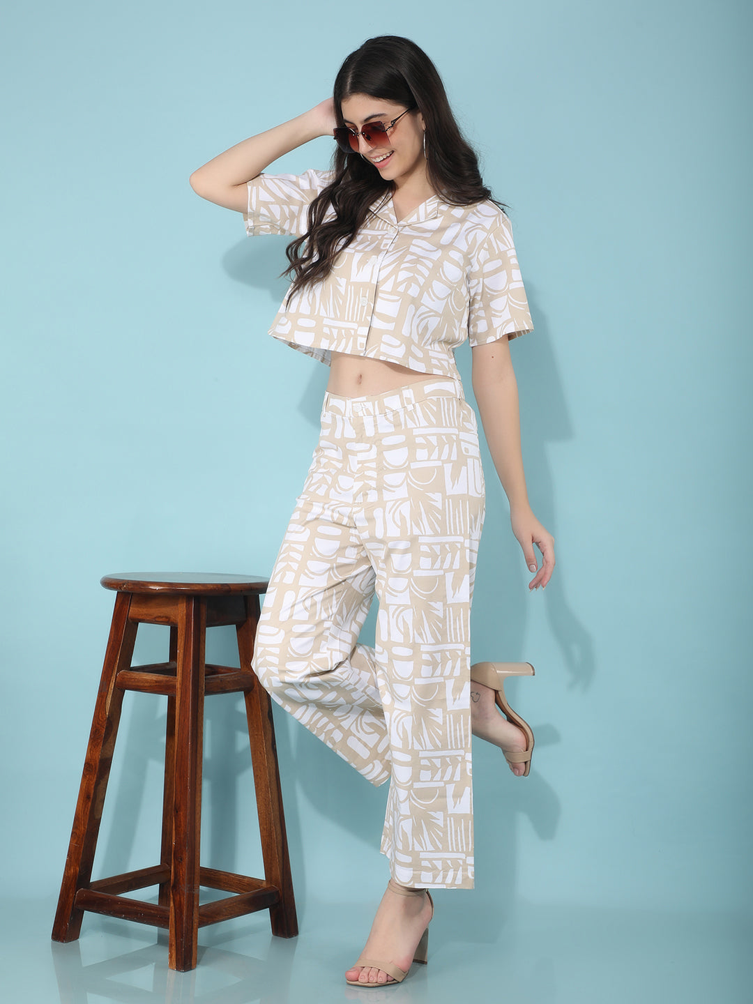 Beige Printed 100% Cotton Co-Ord Set-Women Co-Ord Set-Crimsoune Club