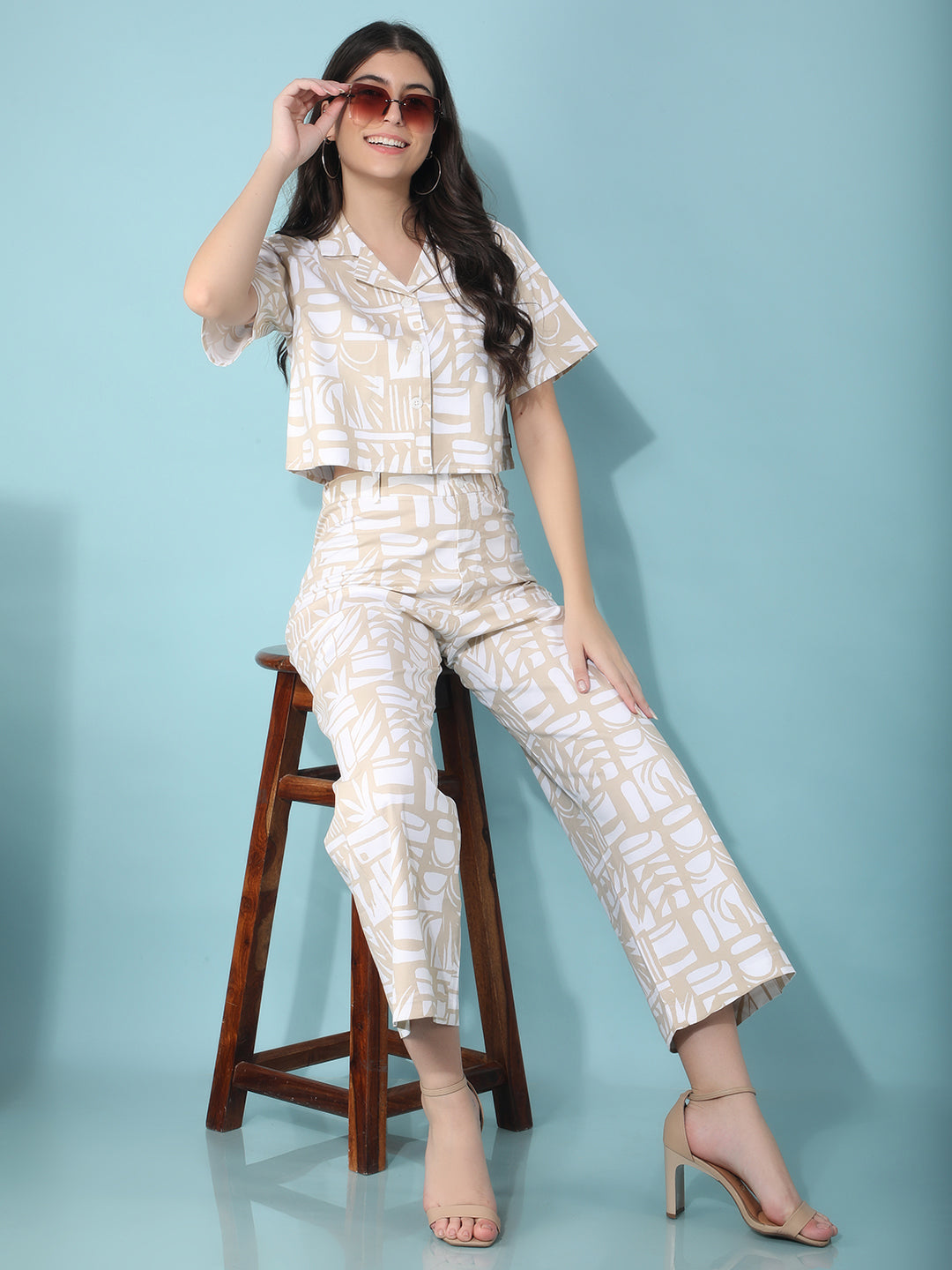 Beige Printed 100% Cotton Co-Ord Set-Women Co-Ord Set-Crimsoune Club