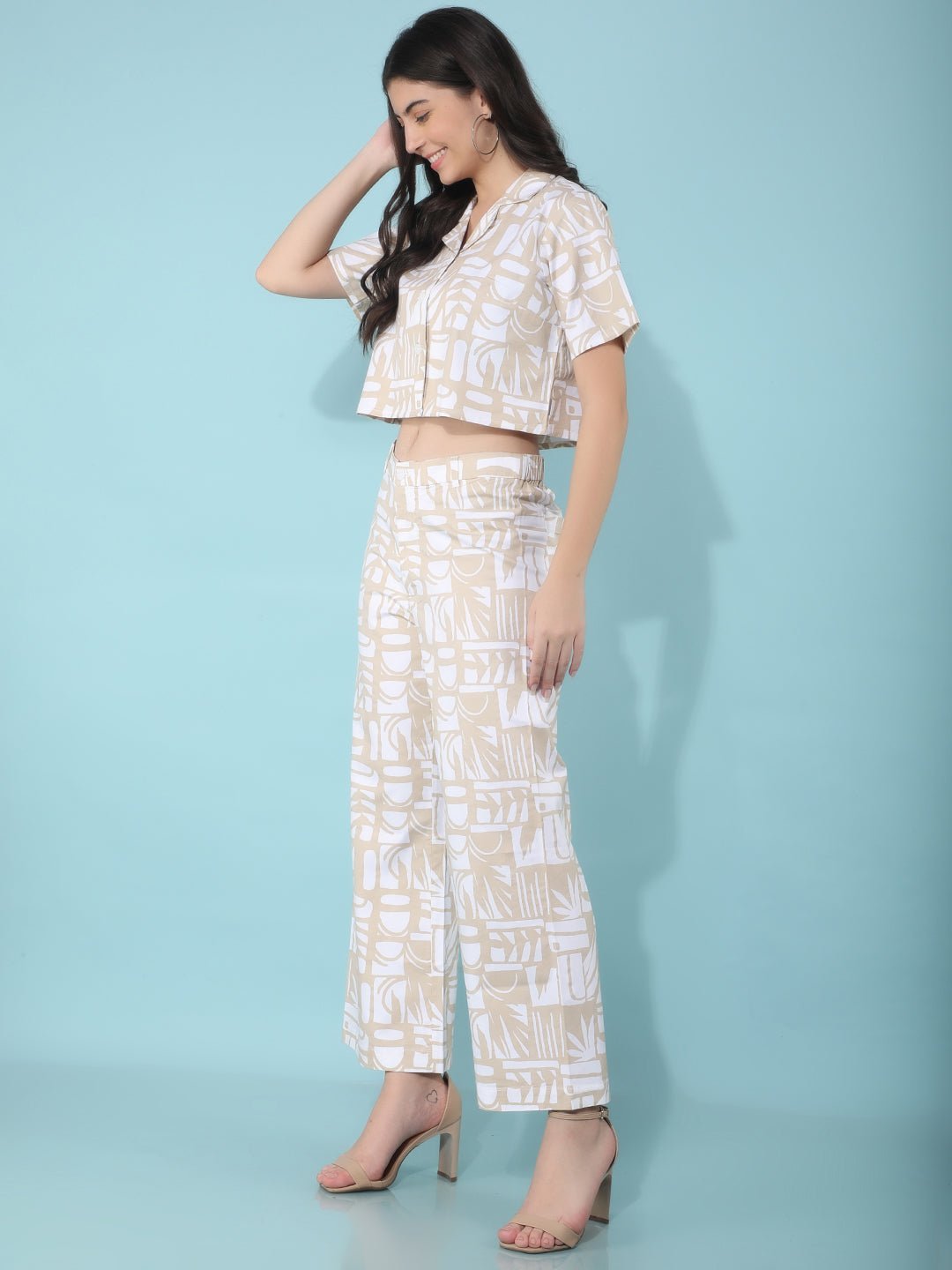 Beige Printed 100% Cotton Co-Ord Set-Women Co-Ord Set-Crimsoune Club