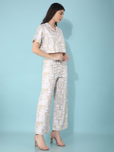 Beige Printed 100% Cotton Co-Ord Set-Women Co-Ord Set-Crimsoune Club