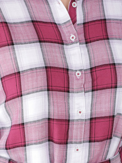 Pink Checked Longline Belted Shirt-Women Shirts-Crimsoune Club